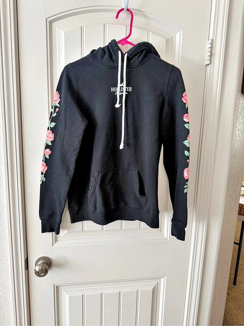 Hollister Black Hoodie with Rose Sleeve Detail Floral Sleeve Small